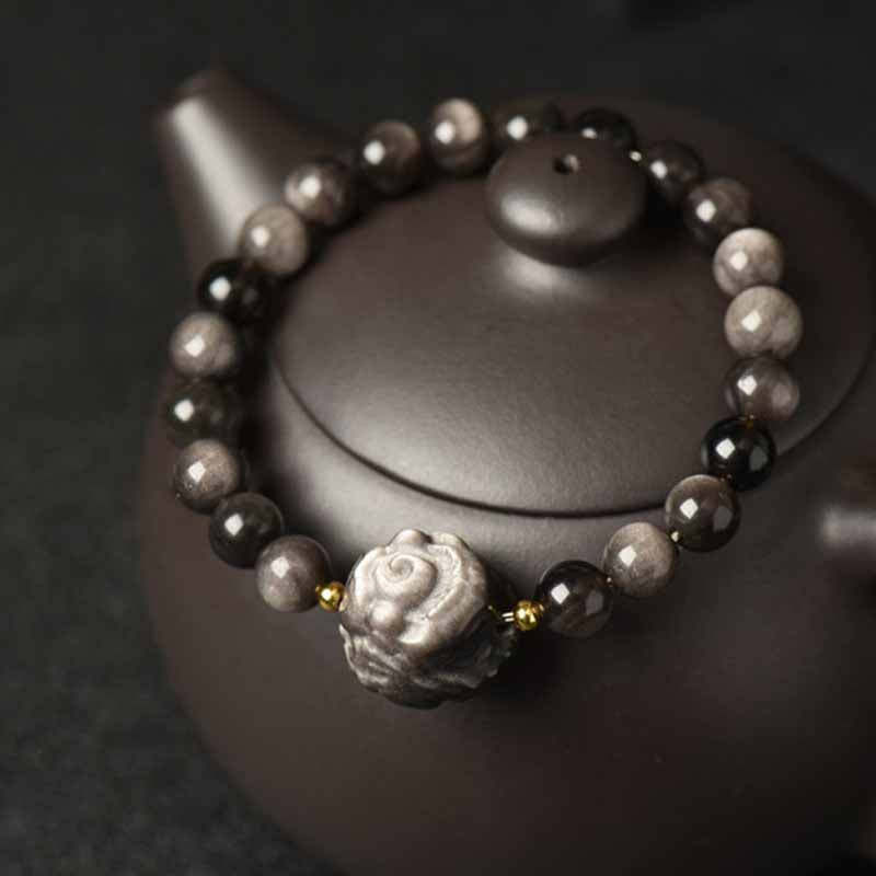 Silver Sheen Obsidian Lotus Flower Nine Tailed Fox Laughing mystic zen Protection Bracelet