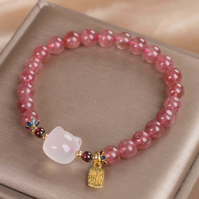Love and Healing Strawberry Quartz White Jade Cat Fu Character Bracelet