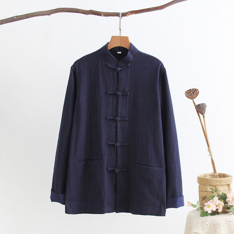 Tang Frog-Button Long Sleeve Shirt Cotton Linen Men's Clothing