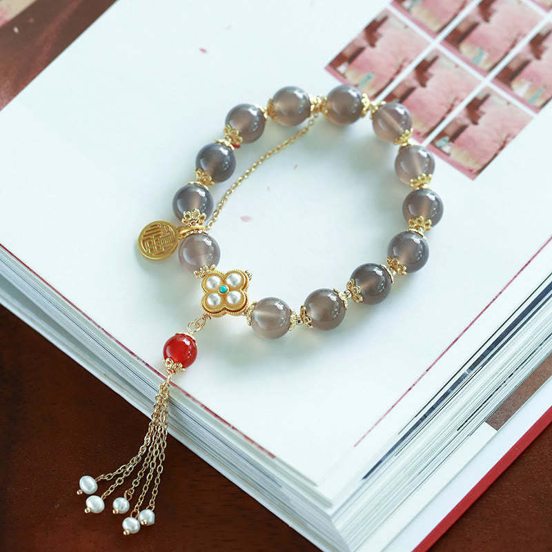 Natural Gray Agate Fu Character Pearl Tassel Balance Bracelet