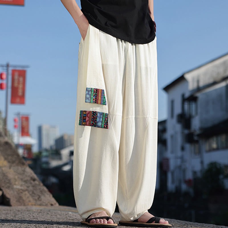 Simple Patchwork Design Drawstring Cotton Men's Wide Leg Pants With Pockets