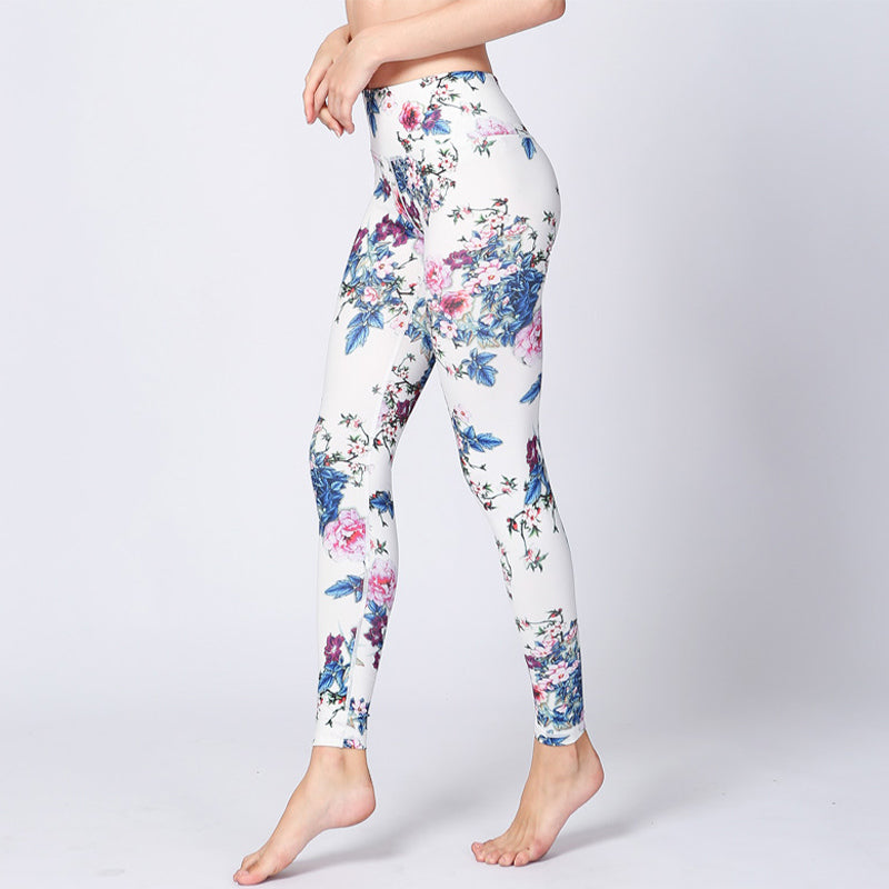 Pink Flower White Colorful Ink White Print Leggings Sports Fitness Yoga Women's Pants