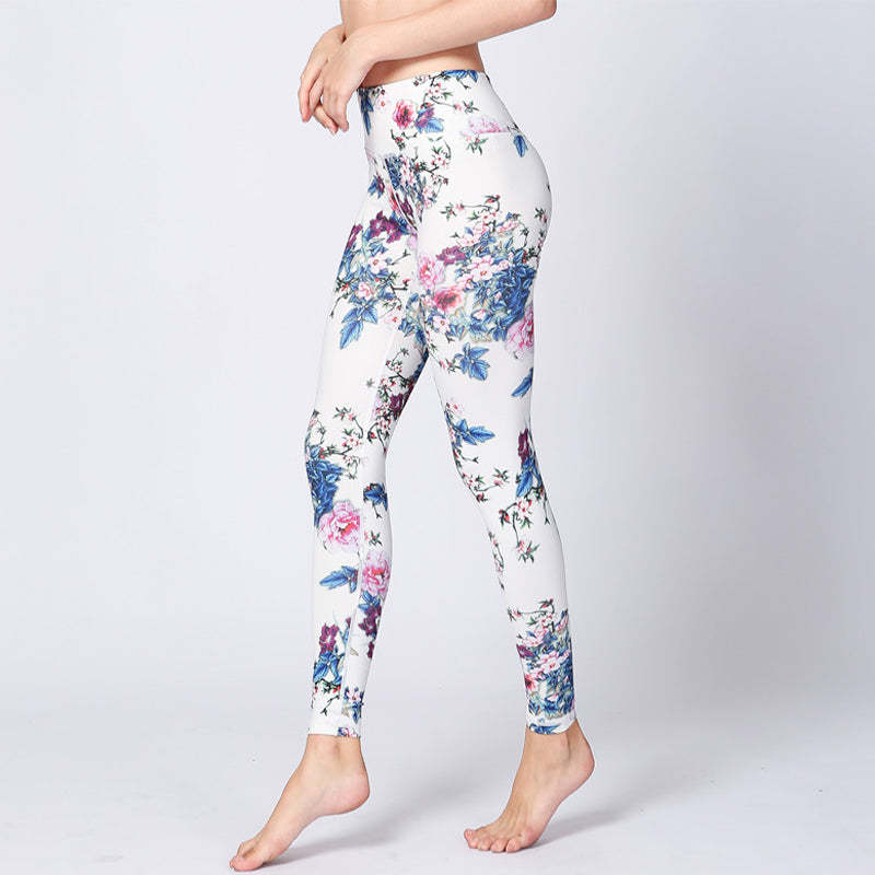 Pink Flower White Colorful Ink White Print Leggings Sports Fitness Yoga Women's Pants