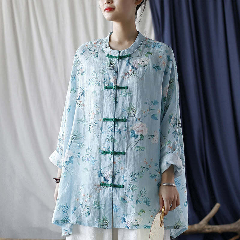 Light Green Pink Flowers Green Leaves Frog-Button Long Sleeve Ramie Linen Jacket Shirt