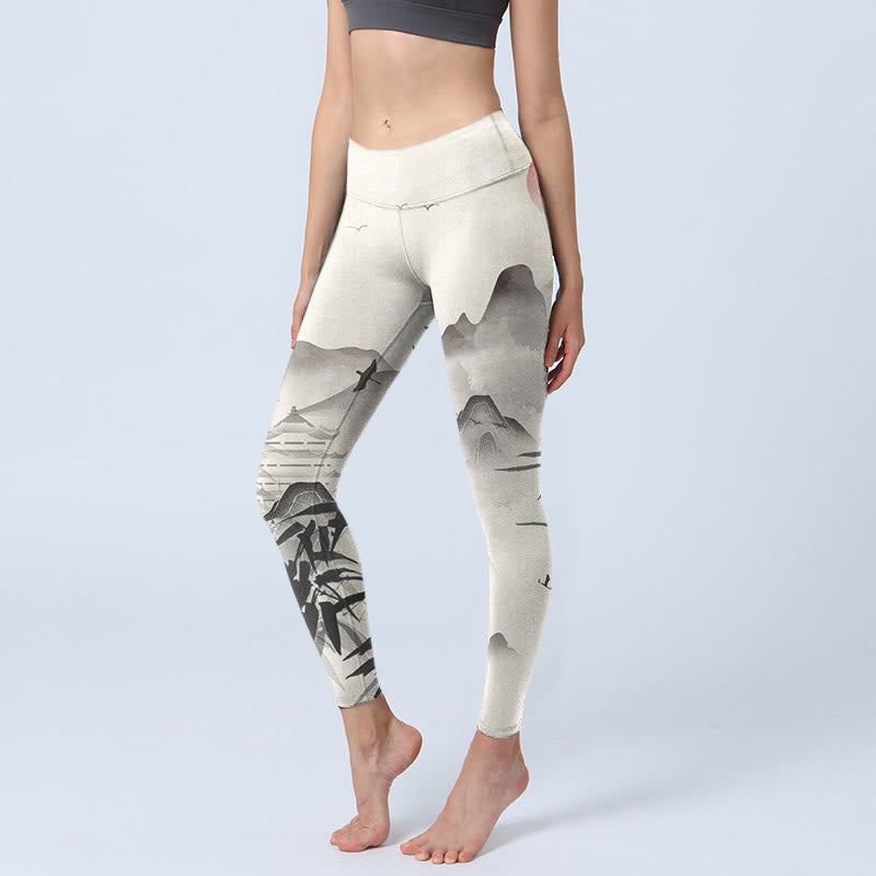 Ink Bamboo Mountains Print Gym Leggings Women's Yoga Pants