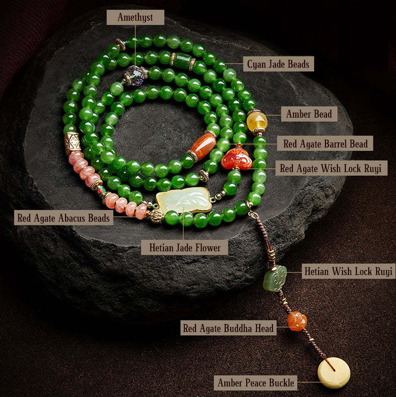 108 Mala Beads Cyan Jade Red Agate Laughing mystic zen Luck Bracelet