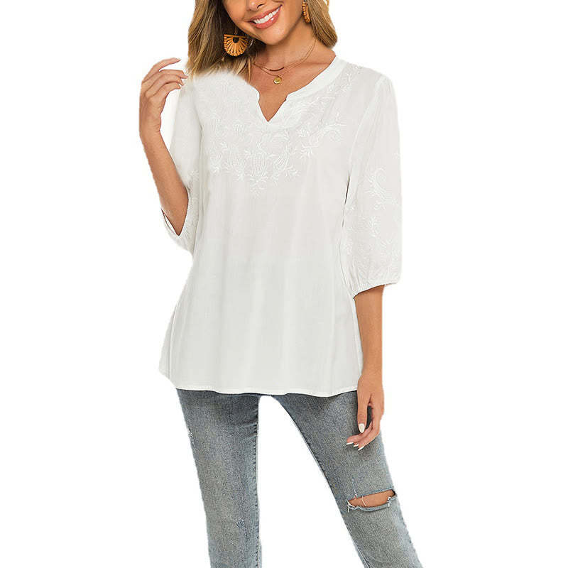 Casual Solid Color Embroidery Flower Three Quarter Sleeve V-Neck Cotton Women's T-Shirt