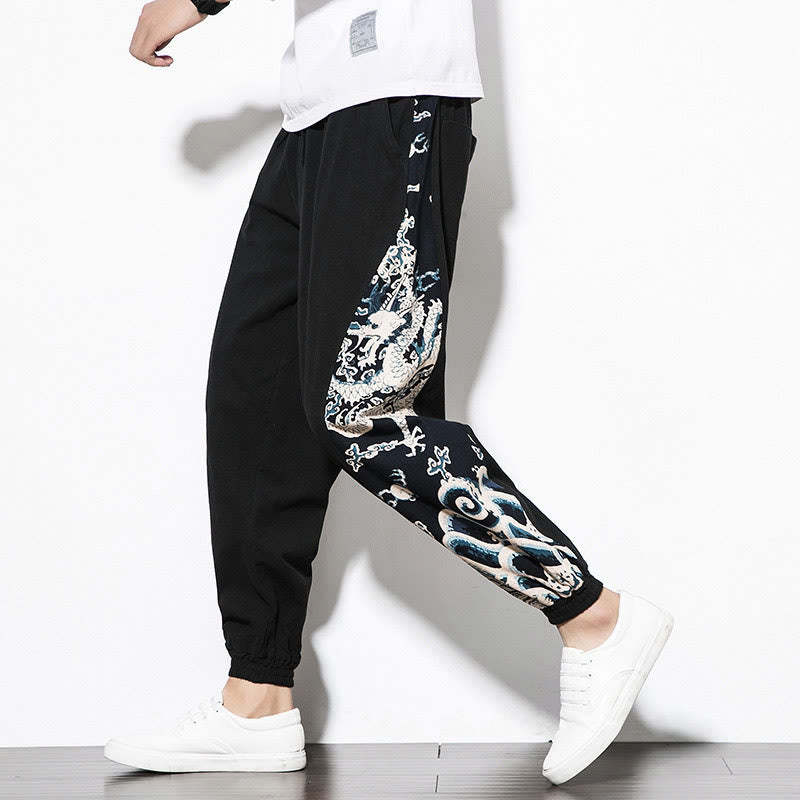 Summer Dragon Waves Cotton Men's Pants With Pockets