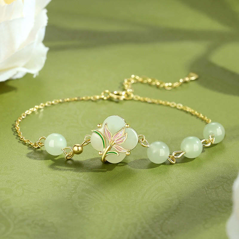 925 Sterling Silver Magnolia Hetian Jade Beads Four Leaf Clover Blessing Bracelet