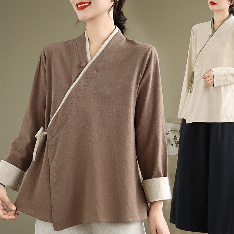 Fall Solid Color Hanfu Long Sleeve Lace Up Women's Shirt