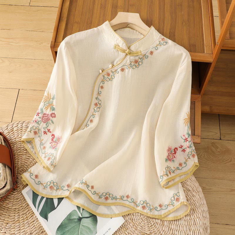 Casual Women's Embroidered Flower Stand Collar Design Three Quarter Sleeve Cotton Linen Shirt