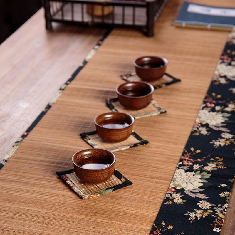 Vintage Peony Flower Blossom Bamboo Cup Mat Pad Tea Cup Coaster Kung Fu Tea Mat