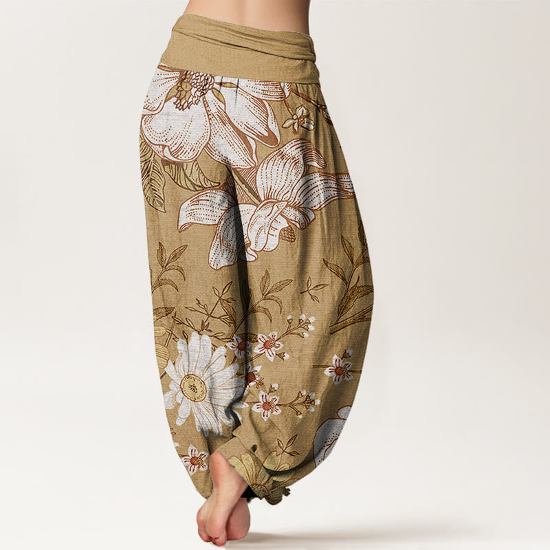 Daisy White Flowers Pattern Women's Elastic Waist Harem Pants