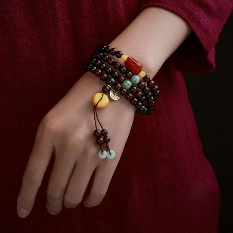 Chinese Zodiac Natal mystic zen 108 Mala Beads Small Leaf Red Sandalwood Red Agate PiXiu Protection Bracelet