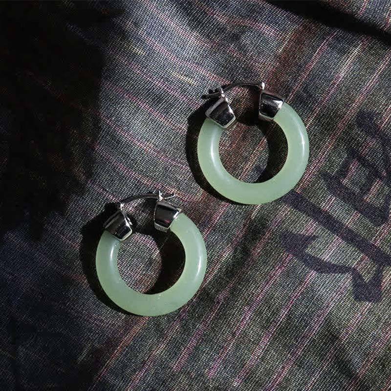 Round Jade White Jade Prosperity Earrings