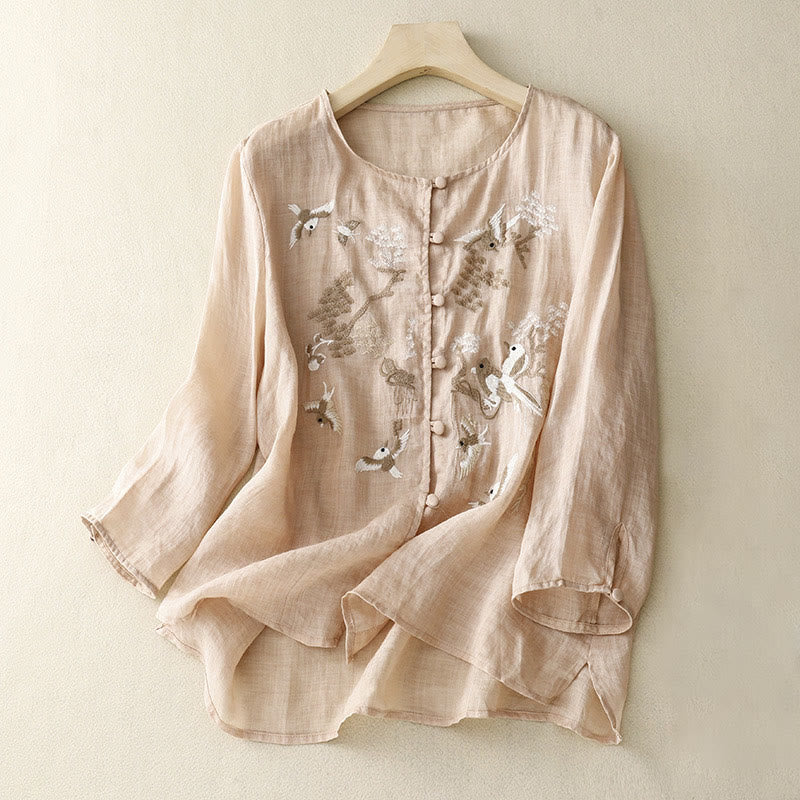 Round Neck Casual Blouse Embroidery Long Sleeve Shirt Cotton Linen Top Women's Shirts