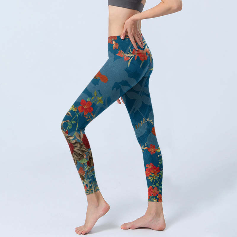 Blue Red Flowers Birds Print Gym Leggings Women's Yoga Pants