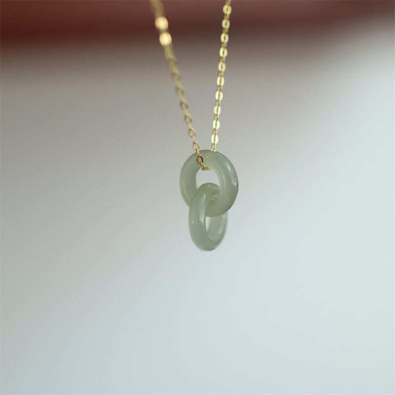 925 Sterling Silver Natural Double Peace Buckle Hetain Jade Luck Necklace Pendant