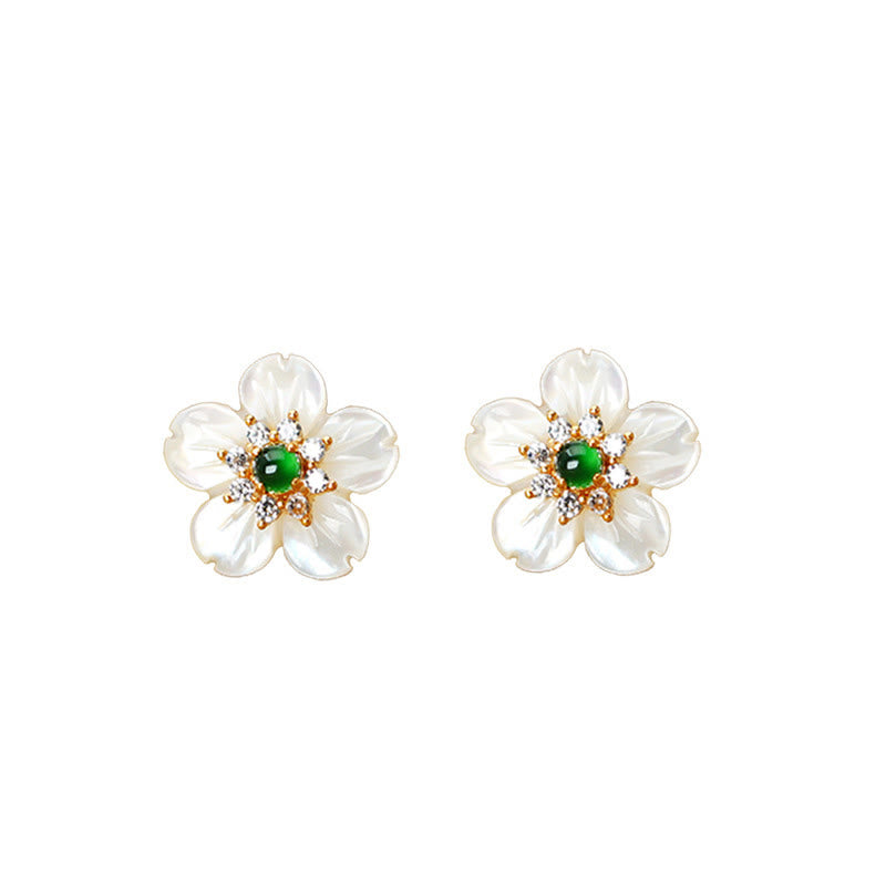 925 Sterling Silver Tridacna Stone Jade Flower Blessing Earrings