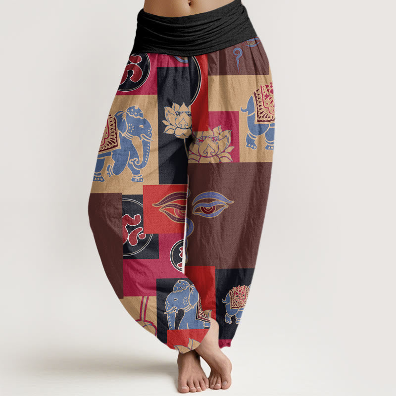 Casual Elephant Lotus mystic zen's Eye Collage Pattern Women's Elastic Waist Harem Pants