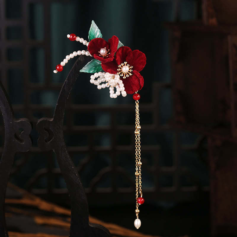 Antiquity Red Flowers Pearl Tassel Hair Clip Set