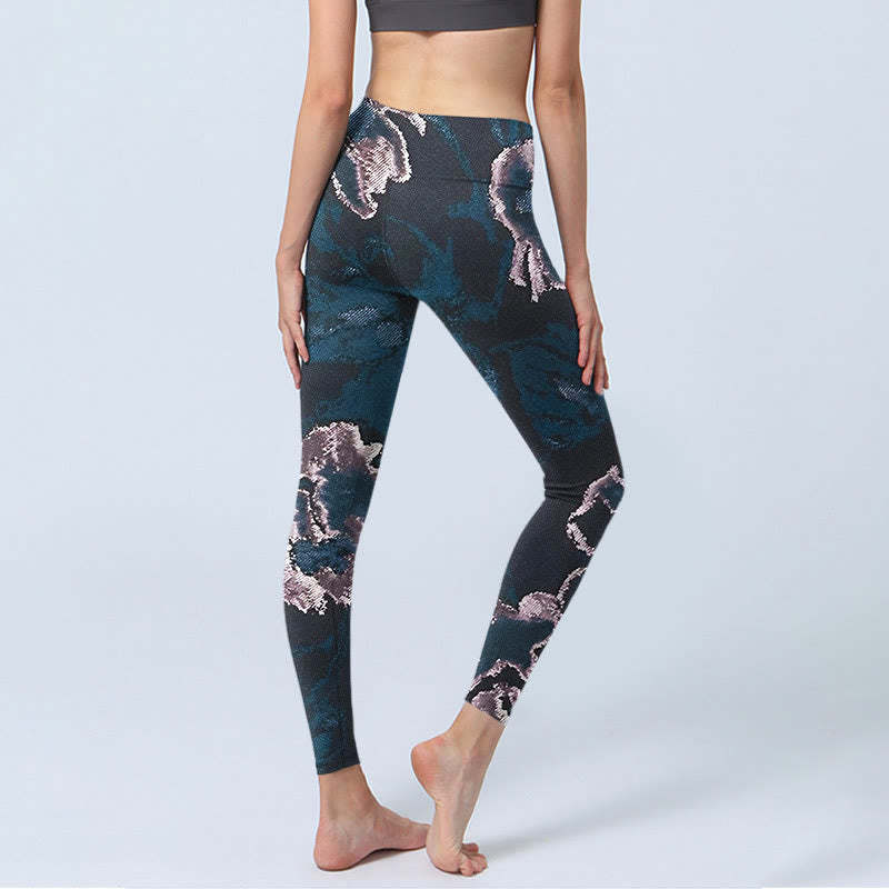 SteelBlue Silver Flowers Print Exercise Leggings Women's Yoga Pants