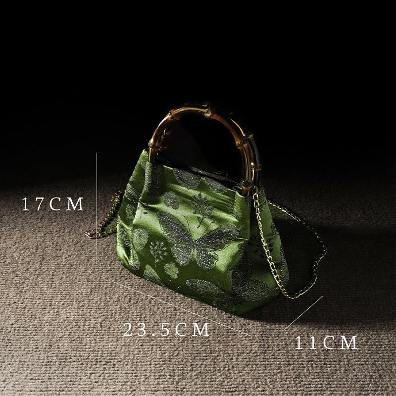 Jacquard Flowers Butterfly Bamboo Handle Metal Chain Crossbody Bag Hangbags