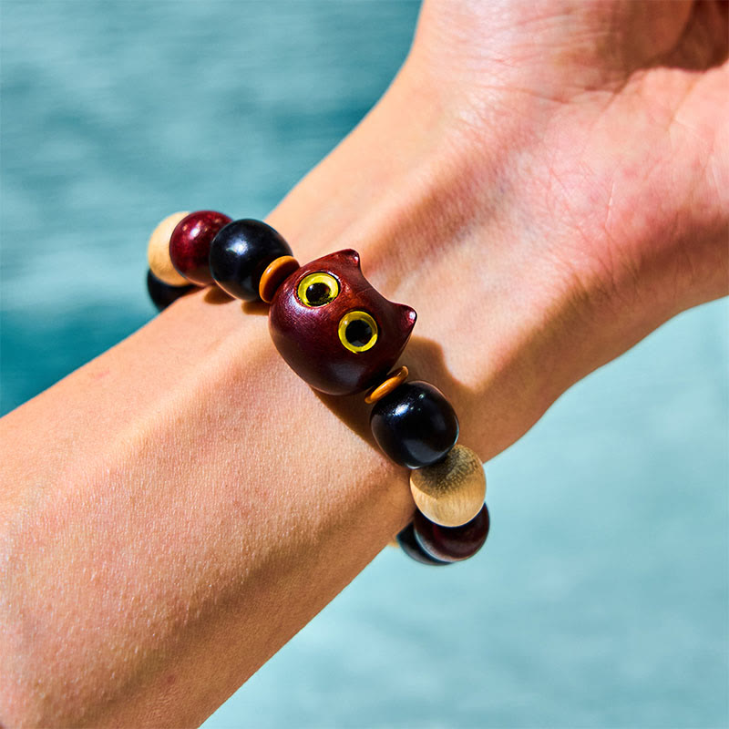 Small Leaf Red Sandalwood Ebony Wood Cute Cat Engraved Protection Bracelet