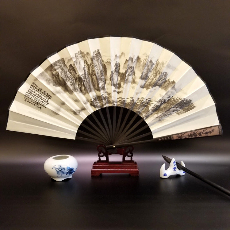Great Wall Mountains Trees Crane Bamboo Handheld Bamboo Folding Fan 33.5cm