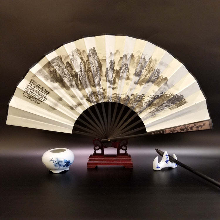 Great Wall Mountains Trees Crane Bamboo Handheld Bamboo Folding Fan 33.5cm