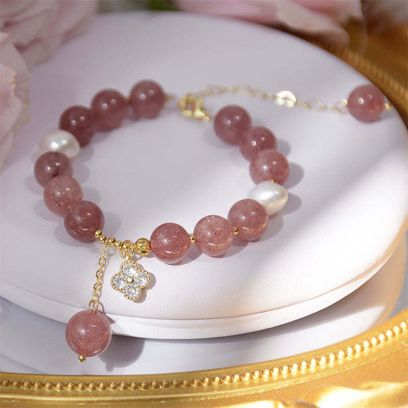 Natural Strawberry Quartz Pearl Four Leaf Clover Love Bracelet
