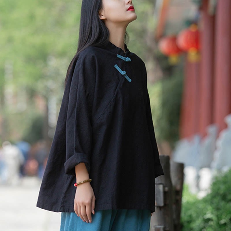 Ramie Linen Loose Blouse Women Long Sleeve Shirt Chinese Hanfu Top