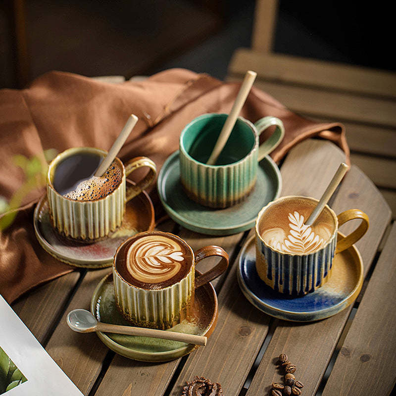 Retro Striped Kiln Change Ceramic Coffee Mug Rough Pottery Tea Coffee Cup With Saucer 250ml