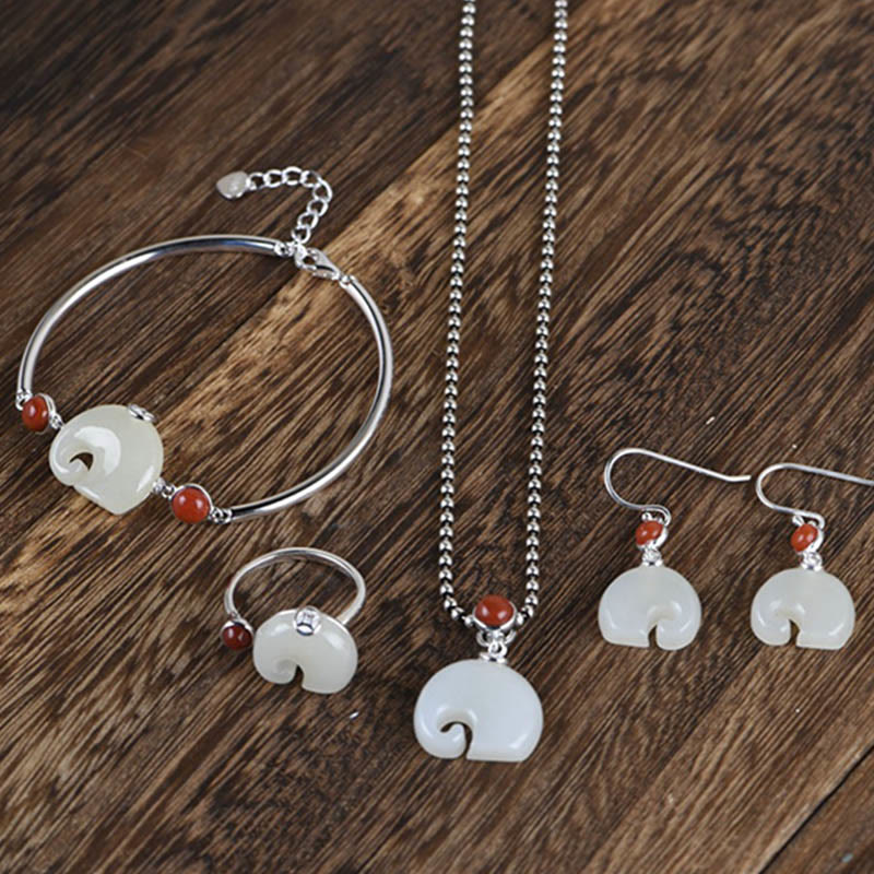 925 Sterling Silver Elephant Hetian Jade Abundance Necklace Pendant Bracelet Ring Earrings Set