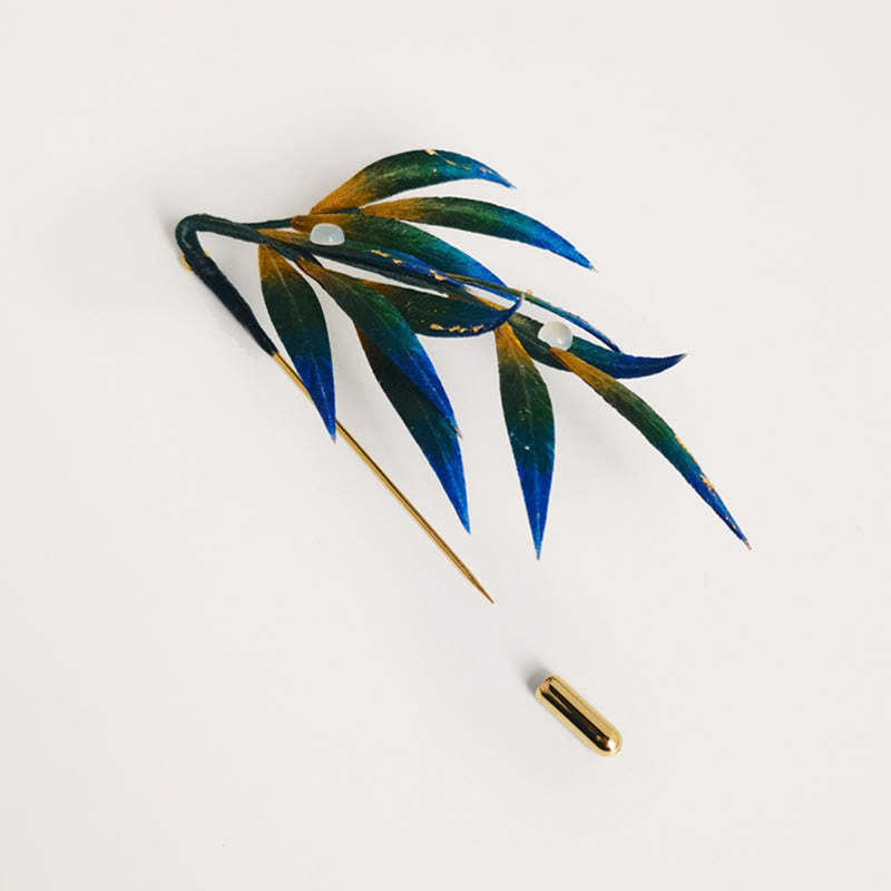 Handmade Velvet Flower Mulberry Silk Green Yellow Blue Leaves Brooch