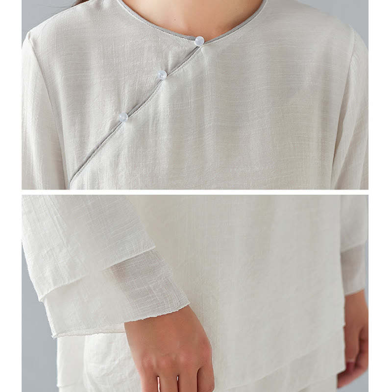2Pcs Three Quarter Sleeve Long Sleeve Shirt Wide Leg Pants Meditation Cotton Linen Clothing Women's Set