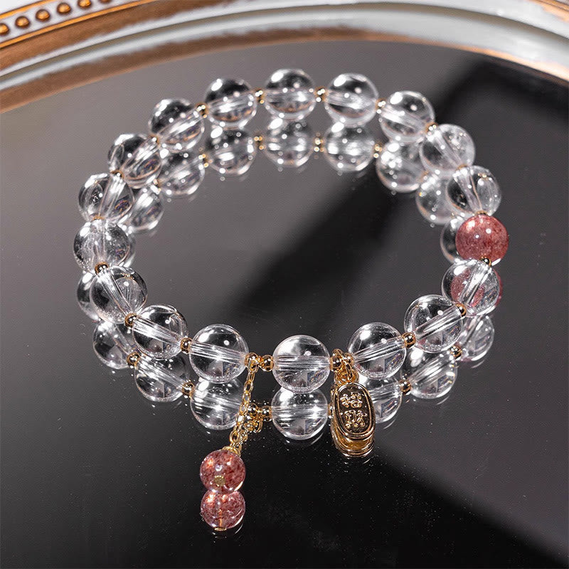 White Crystal Strawberry Quartz Healing Attract Fortune Charm Bracelet