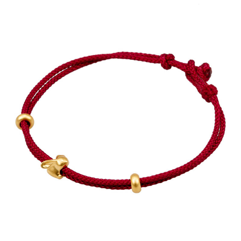 999 Gold Small Lucky Rabbit Osmanthus Design Handmade Luck?Braided Rope Bracelet