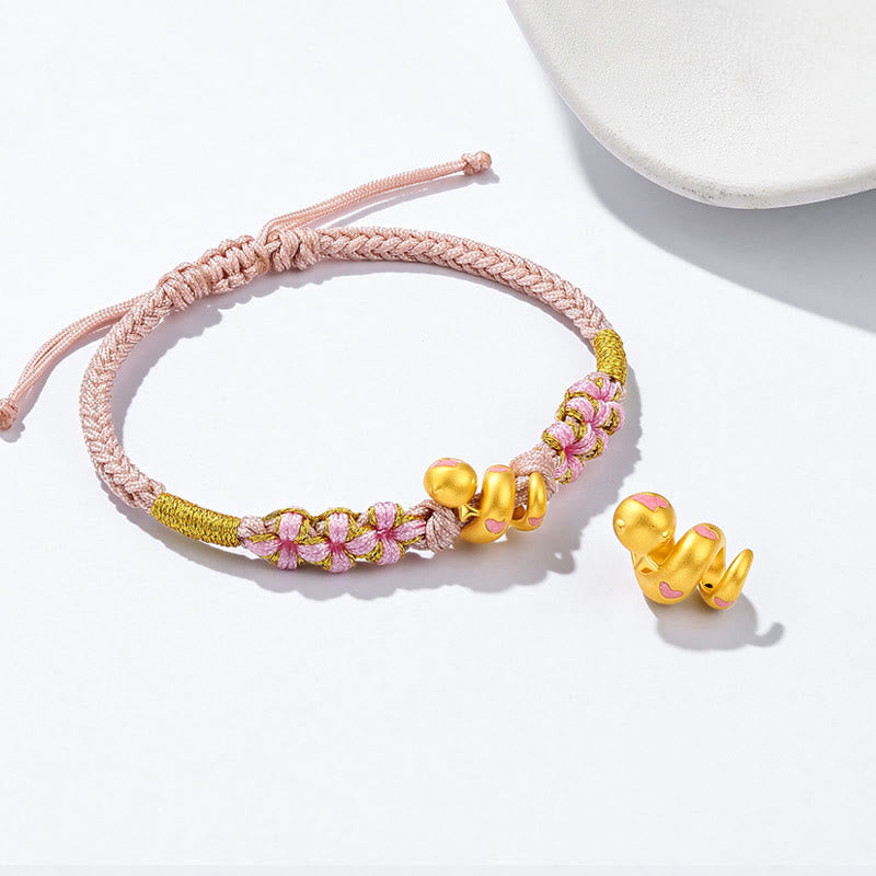 999 Gold Beads Enamel Pink Rope Year Of The Snake Luck Bracelet