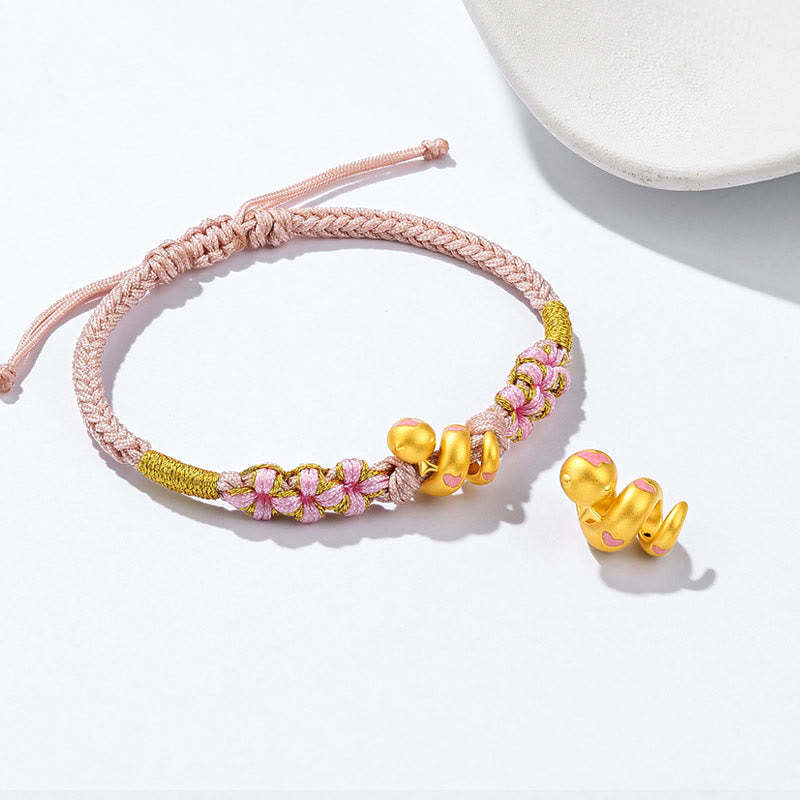 999 Gold Beads Enamel Pink Rope Year Of The Snake Luck Bracelet