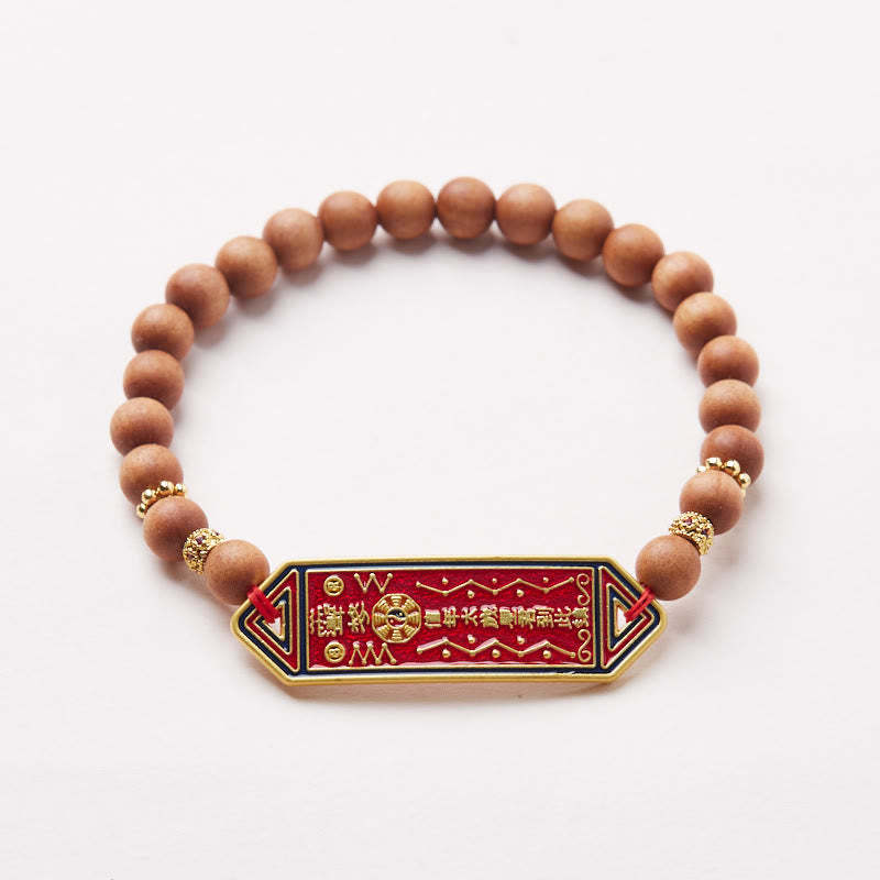 Sandalwood Wood Bead Gold Plated Copper Bagua Yin Yang Chinese Character Harmony Bracelet