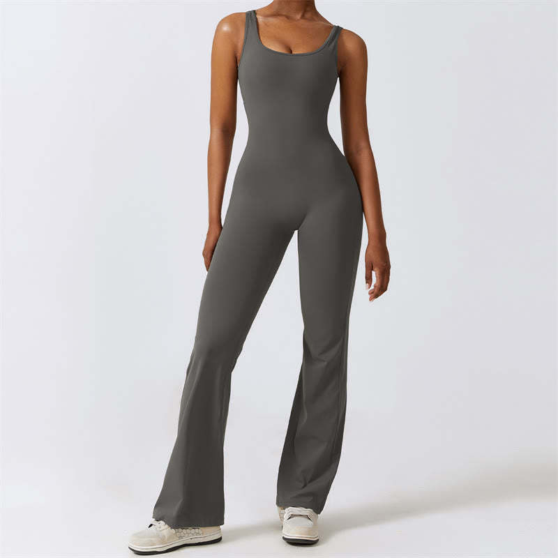 Women Workout Sleeveless Jumpsuit Flare Pants Sports Fitness Yoga Bodysuit