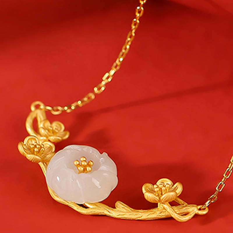 925 Sterling Silver Plated Gold Hetian Jade  Plum Blossom Luck Necklace Pendant Bracelet Bangle Ring