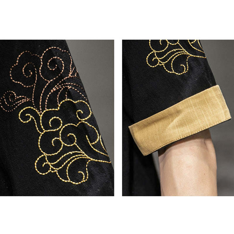 Frog-Button Chinese Dragon Auspicious Cloud Embroidery Half Sleeve Shirt Cotton Linen Men Clothing