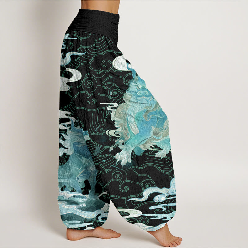 PiXiu Auspicious Clouds Pattern Women's Elastic Waist Harem Pants