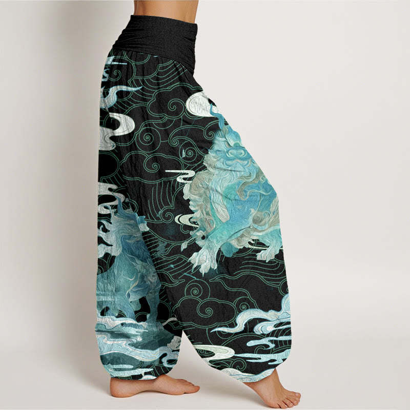 PiXiu Auspicious Clouds Pattern Women's Elastic Waist Harem Pants