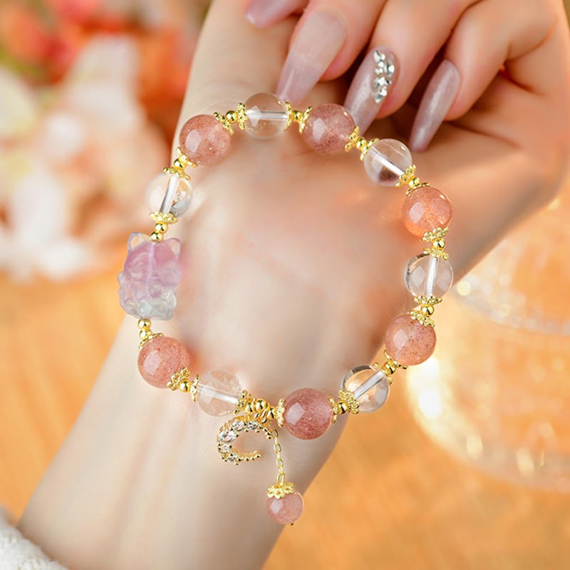 Natural White Strawberry Quartz Crystal Healing Love Nine-tailed Fox  Moon Pendant Bracelet