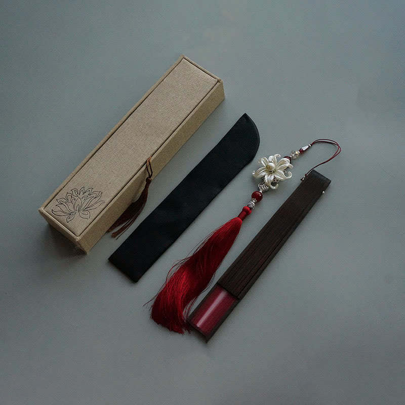 Red Lily Tassel Hollow Rib Silk Handheld Bamboo Folding Fan