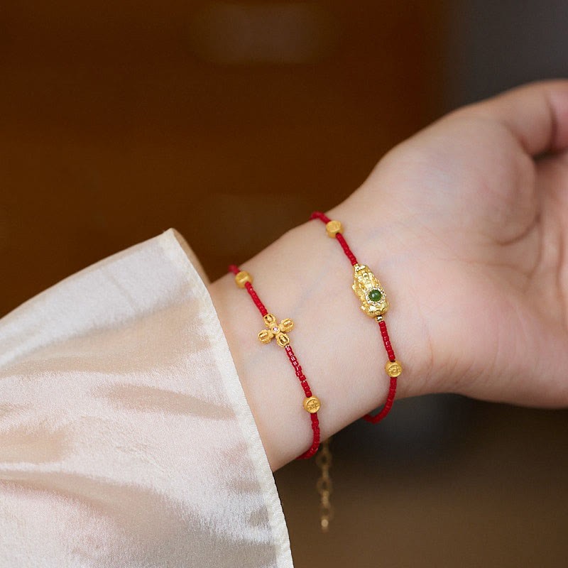 24k Gold Plated 925 Sterling Silver Liuli Glass Bead PiXiu Four Leaf Clover Joy And Happiness Wealth Bracelet