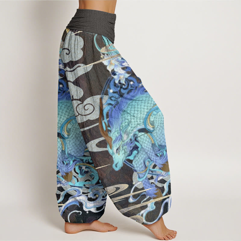 Dragons Auspicious Clouds Pattern Women's Elastic Waist Harem Pants